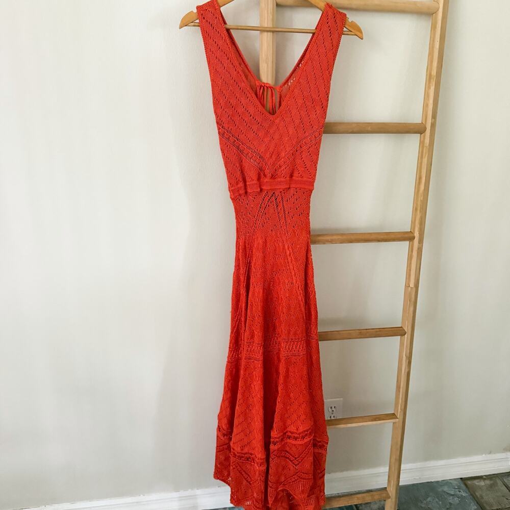 Galeria Tricot Burnt Orange Red Crochet Knit Maxi Dress Small Boho Resort Brazil